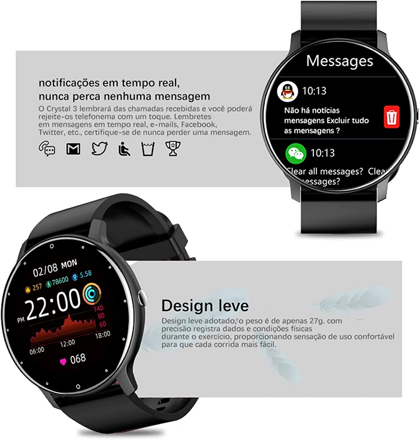 Smartwatch Esportivo BW0223 Ultra Fino IP67 Redondo